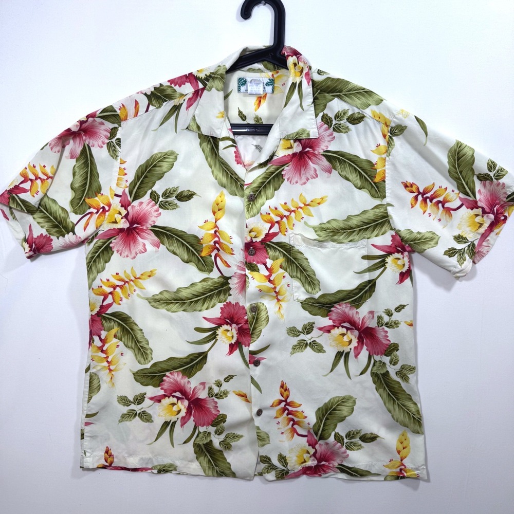 Two Palms Hawaiian Shirt Floral Hibiscus Rayon Cream L Vintage Tropical US Made